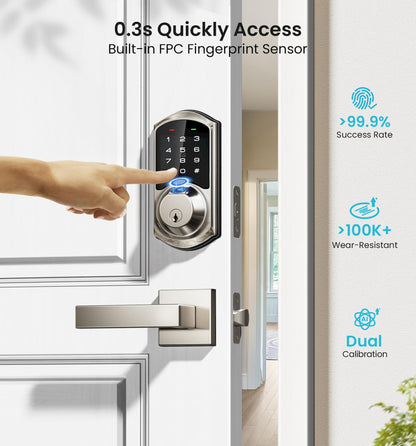 Veise Fingerprint Smart Locks for Front Door with 2 Lever Handle Set, App Control, Keyless Entry, Electronic Digital Keypad Deadbolt, Auto Lock, Waterproof, Easy to Install, Satin Nickel
