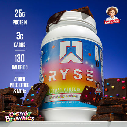 RYSE Loaded Protein Powder - Little Debbie Cosmic Brownie - 25g Whey Protein Isolate & Concentrate with Prebiotic Fiber & MCTs - Low Carb, Low Sugar, Digestive-Friendly - 54 Servings / 4 lb Tub