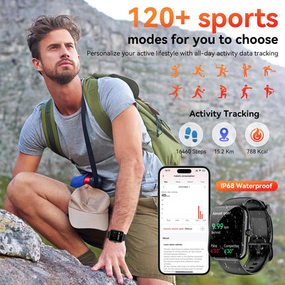 Smart Watch with Alexa Built-in, 1.83" HD Fitness Tracker for Men Women, Bluetooth Calls/Notifications, IP68 Waterproof, 120+ Sports Modes, 24/7 Heart Rate and Sleep Tracking for IOS Android (Black)