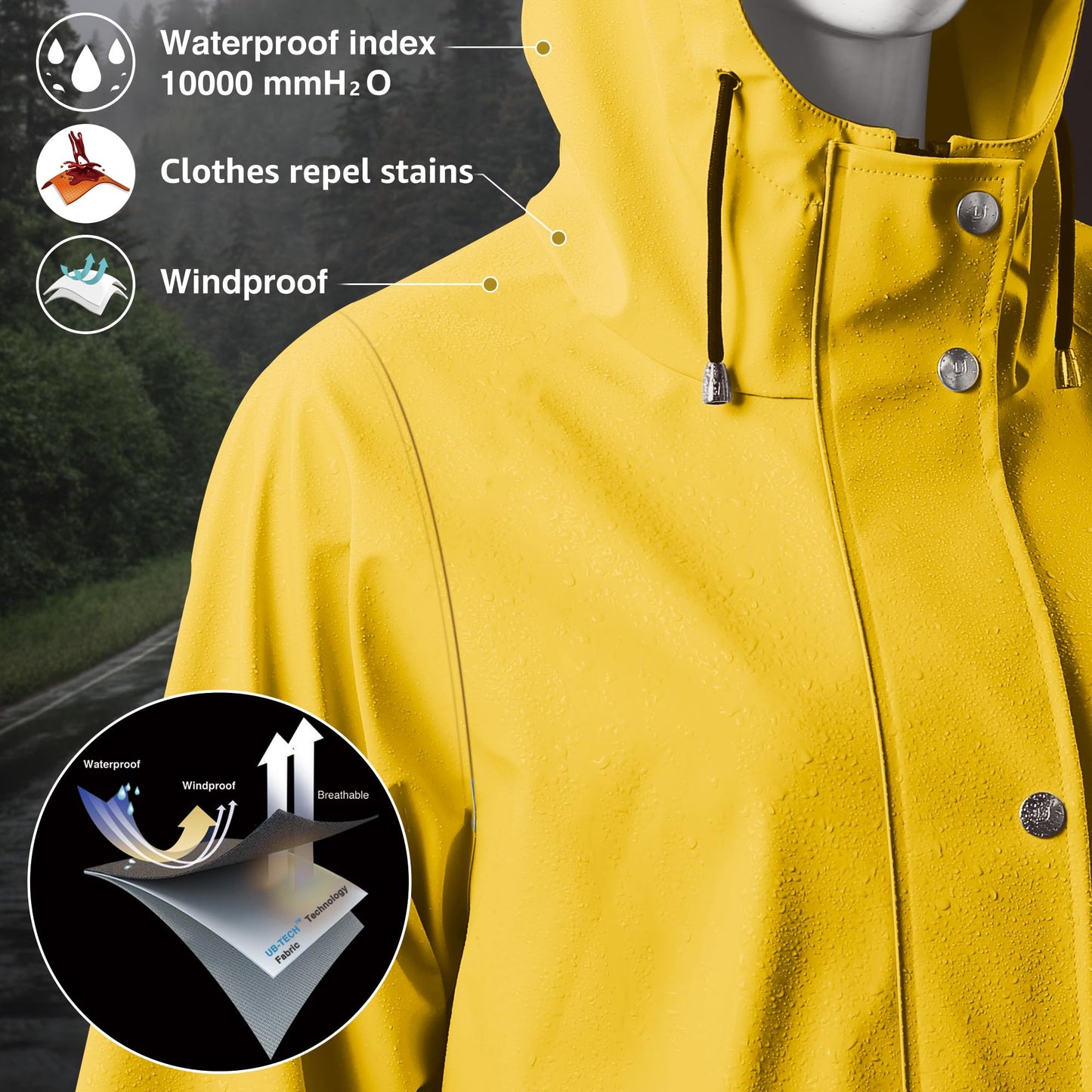 UNIQUEBELLA Upgrade Rain Jackets for Women Waterproof, Raincoat Long Hooded Rain Coats Outdoor Windbreaker Trench Coat