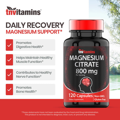 TNVitamins Magnesium Citrate 800 MG - 120 Capsules | Two Month Supply! | Pure Magnesium Citrate Powder Capsules | Citrato De Magnesio | Non-GMO | Produced in the USA!