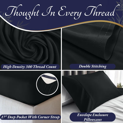 DECOLURE 100% Organic Viscose Derived from Bamboo Sheets Full Size 4pcs - Ultra Soft & Luxuriously Cooling, 17" Deep Pocket, Double Stitching, Perfect for Hot Sleepers - Full Bed Sheets (Black)
