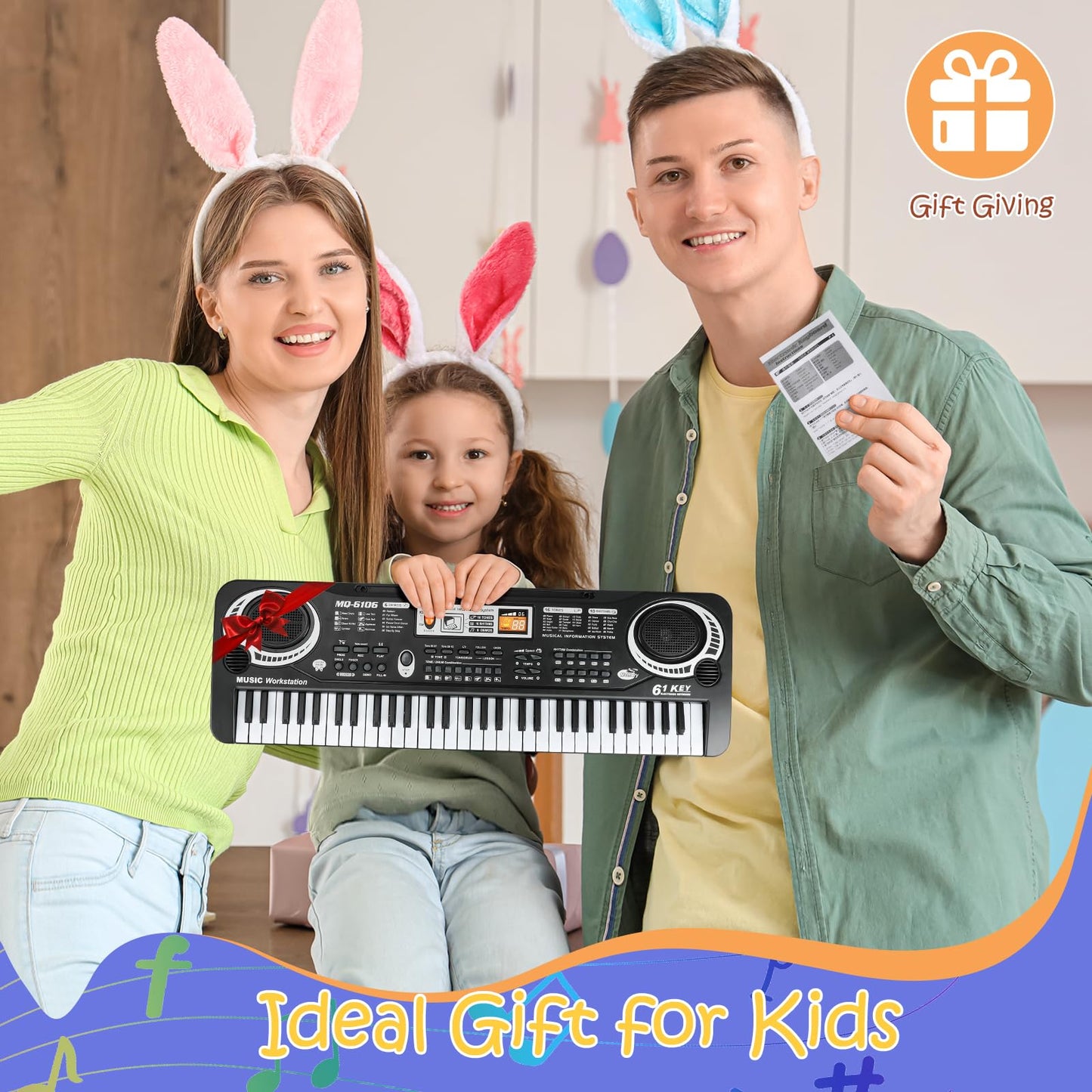 61 Key Piano Keyboard, Beginner Electronic Keyboard for Kids with Teaching Mode, 6 Demo Songs, 16 Tones, Microphone and Power Supply, Kids Piano Keyboard for Birthday Gift