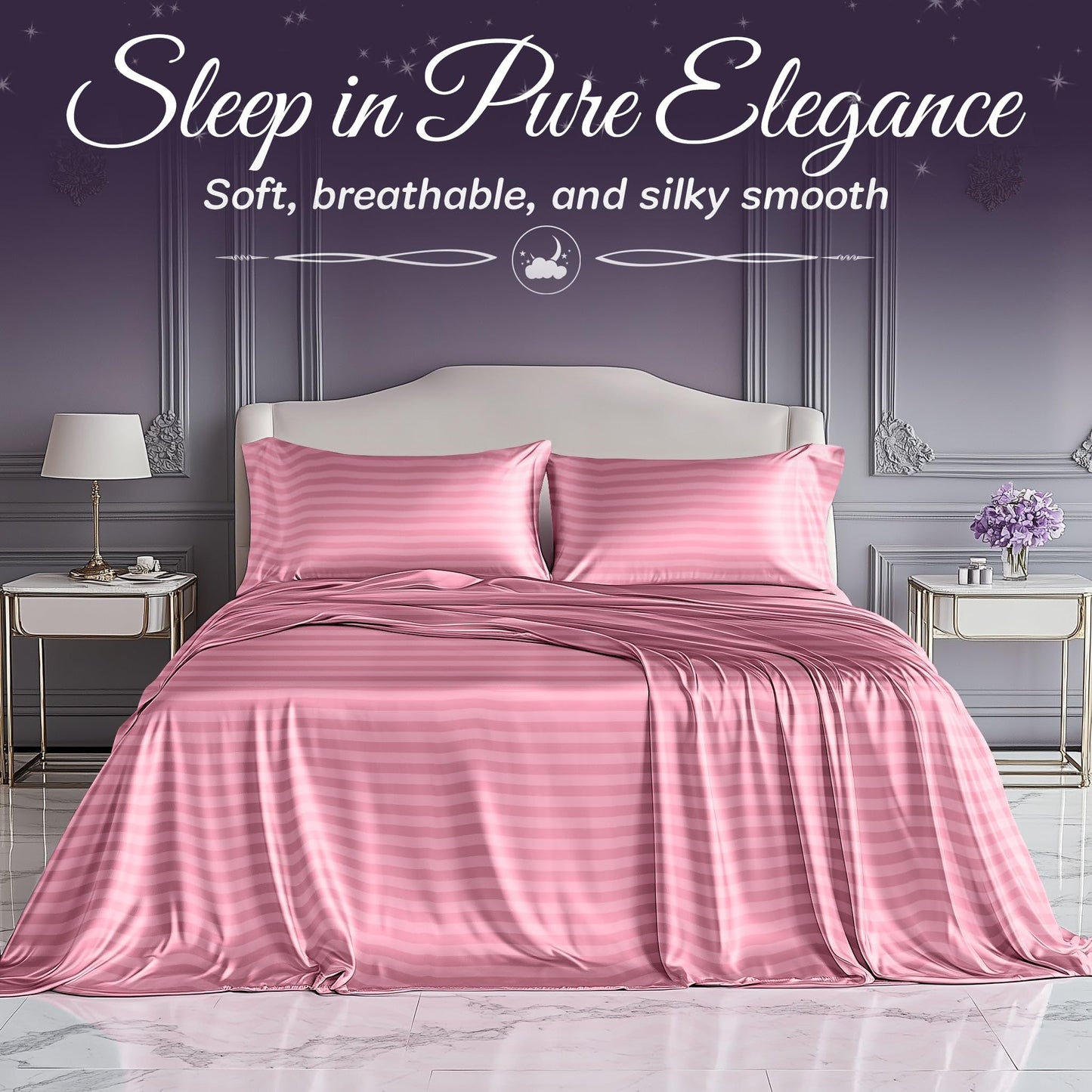 SLEEP SANCTUARY Satin Sheets King Size – 4 Piece Luxury Silky Bed Set, Softer Than Silk, 15" Deep Pocket, Cooling & Wrinkle-Free, Moisture-Wicking & Breathable for Hair & Skin (Striped Pink)
