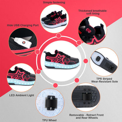 Pairobin Roller Skates Shoes for Boys and Girls - 2-in-1 Skate Shoes and Sneakers for Kids Fun and Stylish Red