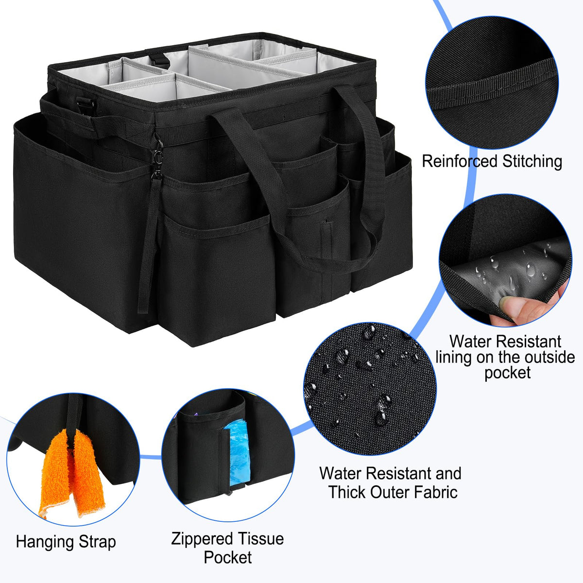 ZIOZERTT Large Rolling Cleaning Caddy Bag with Detachable Trolley,Cleaning Cart on Wheels with Shoulder Strap,Cleaning Supplies Organizer for Housekeepers,Black
