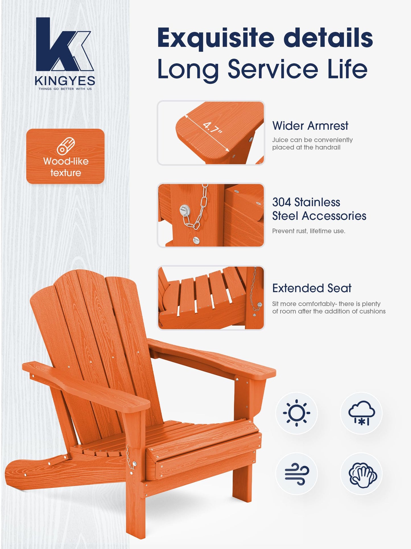 KINGYES Folding Adirondack Chair, HDPE All-Weather Folding Adirondack Chair, Orange