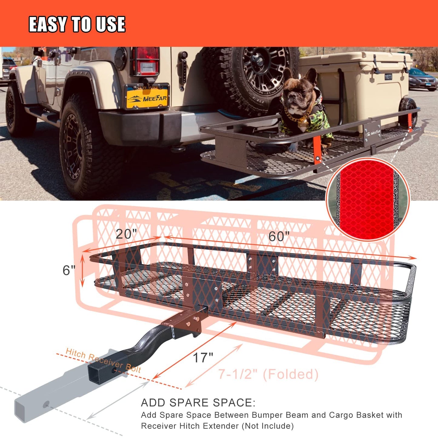 MeeFar Folding Hitch Mount Cargo Carrier Basket 60" X 20" X 6"+Waterproof Cargo Bag 16 Cubic Feet(58" 19" 24"),Hauling Weight Capacity of 500 Lbs and A Folding Arm.with Hitch Stabilizer,Net and Straps