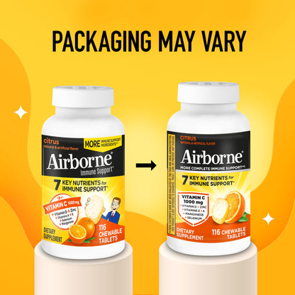 Airborne Vitamin C 1000mg (per Serving) - Citrus Chewable Tablets (116 Count in a Bottle), Gluten-Free Immune Support Supplement, with Vitamins A C E, Zinc, Selenium, Echinacea, Ginger, Antioxidants