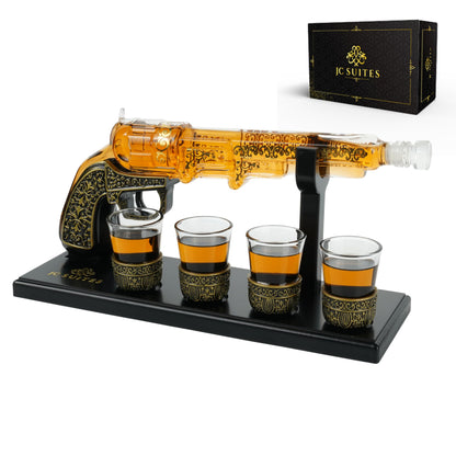 Luxury Gun Decanter with 4 Shot Glasses, Gift Box, & Funnel - Unique Whiskey Decanter Sets for Men & Women - Liquor Glass Gun Alcohol Bottle - Wine Tequila Decanter Set Gifts For Dad Gifts For Men