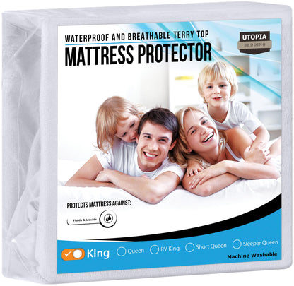 Utopia Bedding Waterproof Mattress Protector King Size, Premium Terry Mattress Cover 200 GSM, Breathable, Fitted Style with Stretchable Pockets (White)