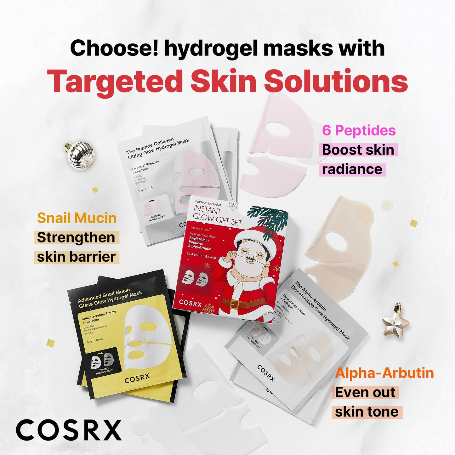 COSRX Glow-Boosting Face Mask Limited Holiday Gift Set 6ea, Snail Mucin, 6 Peptides & Alpha-arbutin for Glass skin, Collagen Face Mask, Korean Skin Care Set, Stocking Stuffers, Amazon Exclusive
