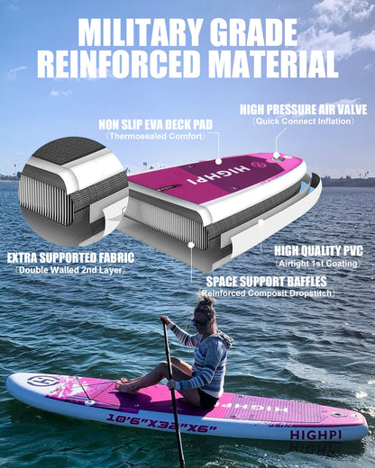 Highpi Inflatable Stand Up Paddle Boards, 10'6''x32''x6'' SUP with Accessories Backpack Anti-Slip Deck, Leash, Paddle and Hand Pump, Pink Paddle Board Standing Boat for Youth & Adult