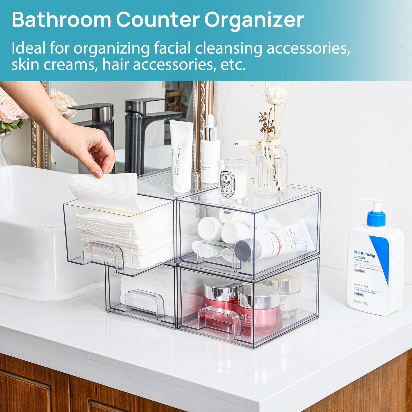 Vtopmart 2 Pack Small Clear Stackable Storage Drawers,Acrylic Bathroom Makeup Organizer,Plastic Storage Bins For Vanity, Undersink, Kitchen Cabinets, Pantry, Home Organization