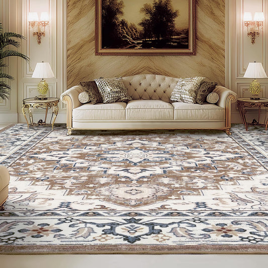 Lessymo 8 x 10 Area Rugs for Living Room- Machine Washable Area Rugs Boho Faux Wool Low Pile Area Rug for Bedroom, Floral Medallion Vintage Rugs with Non-Slip Rubber, Kid & Pet Friendly, Brown Beige