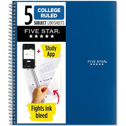 Five Star Spiral Notebook + Study App, 5 Subject, College Ruled Paper, 8-1/2" x 11", 200 Sheets, Fights Ink Bleed, Water Resistant Cover, Pacific Blue (73635)