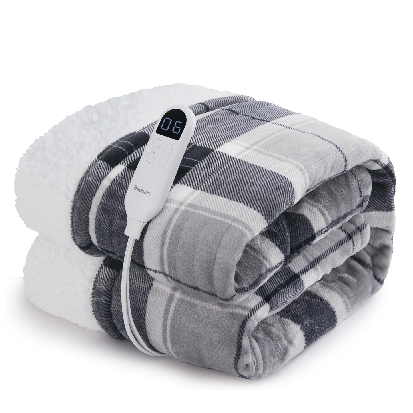 Bedsure Plaid Heated Blanket Twin - Flannel Sherpa Electric Blanket with Grey Plaid Pattern, Christmas Heating Blanket as a Gift, with 6 Heating Levels, 10 Time Settings, 8-Hour Auto-Off (62"x84")