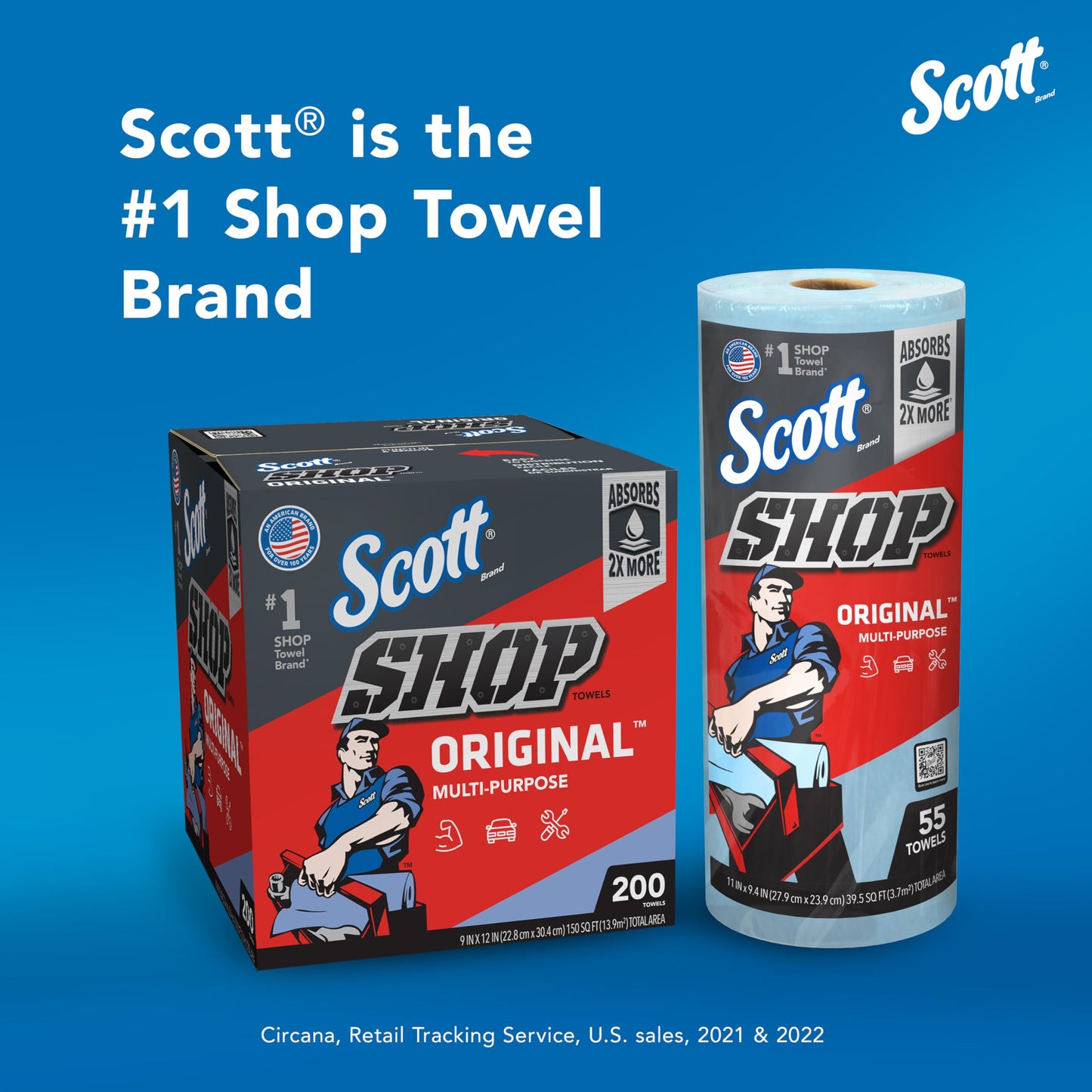 Scott® Shop Towels Original™ (55990), Blue Shop Towels, Big Rolls, 4 Packs of 6 Rolls, 11"x9.4" sheets, (60 Towels/Roll, 24 Rolls/Case, 1,440 Towels/Case)