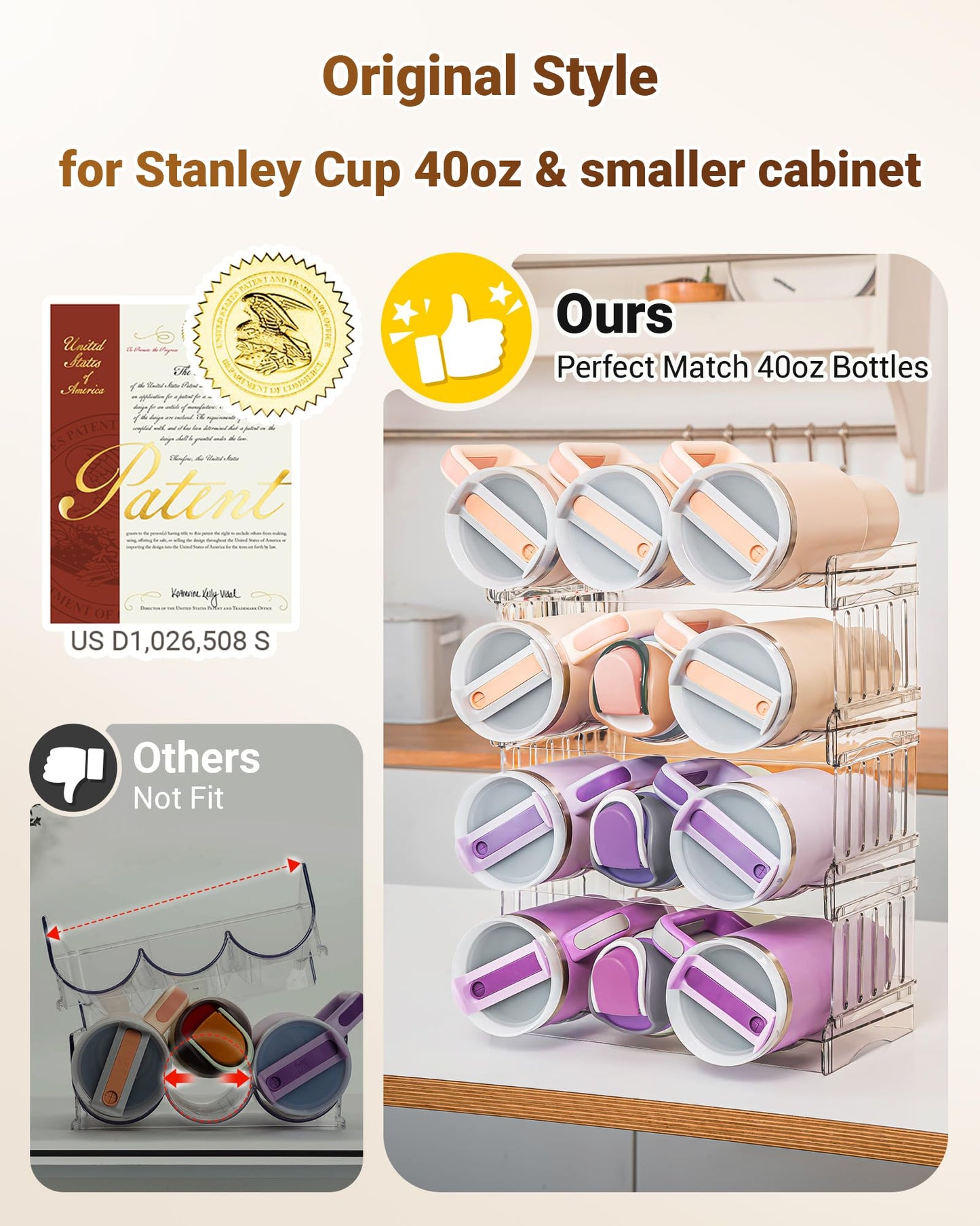 Gracenal Water Bottle Organizer for Stanley 40 oz Tumbler with Handle, Patented Pantry Kitchen Organizers and Storage for Stanley Cup Accessories, Stackable Water Bottle Holder Wine Rack Gifts, 4Pack