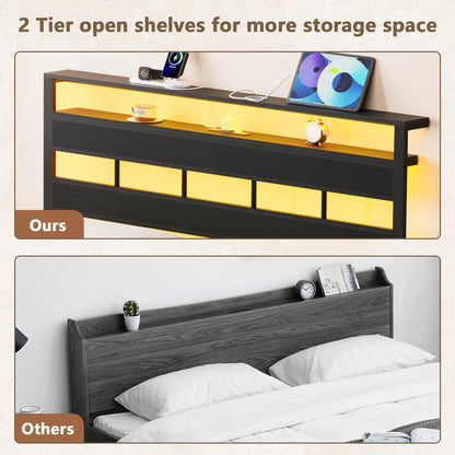 Furnulem Twin Bed Frames with Charging Station and LED Lights, Twin Size Platform Bed with Metal Slats, Wood Headboard with 2-Tier Storage Shelves, No Box Spring Needed, Black Oak