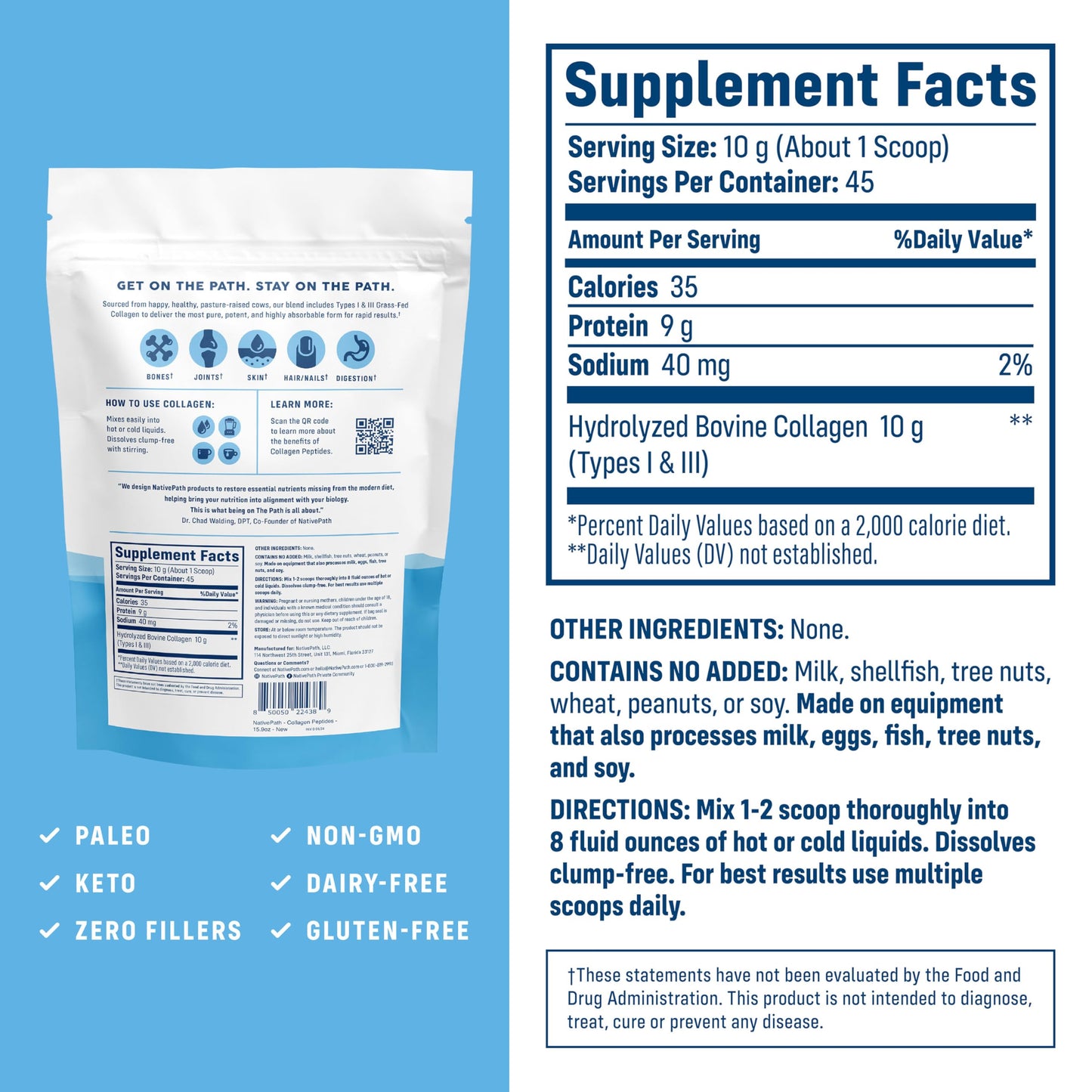 NativePath Collagen Peptides Protein - Hydrolyzed Type 1 & 3 Collagen Powder for Skin, Hair, Nails - 15.9 oz (45 Servings)