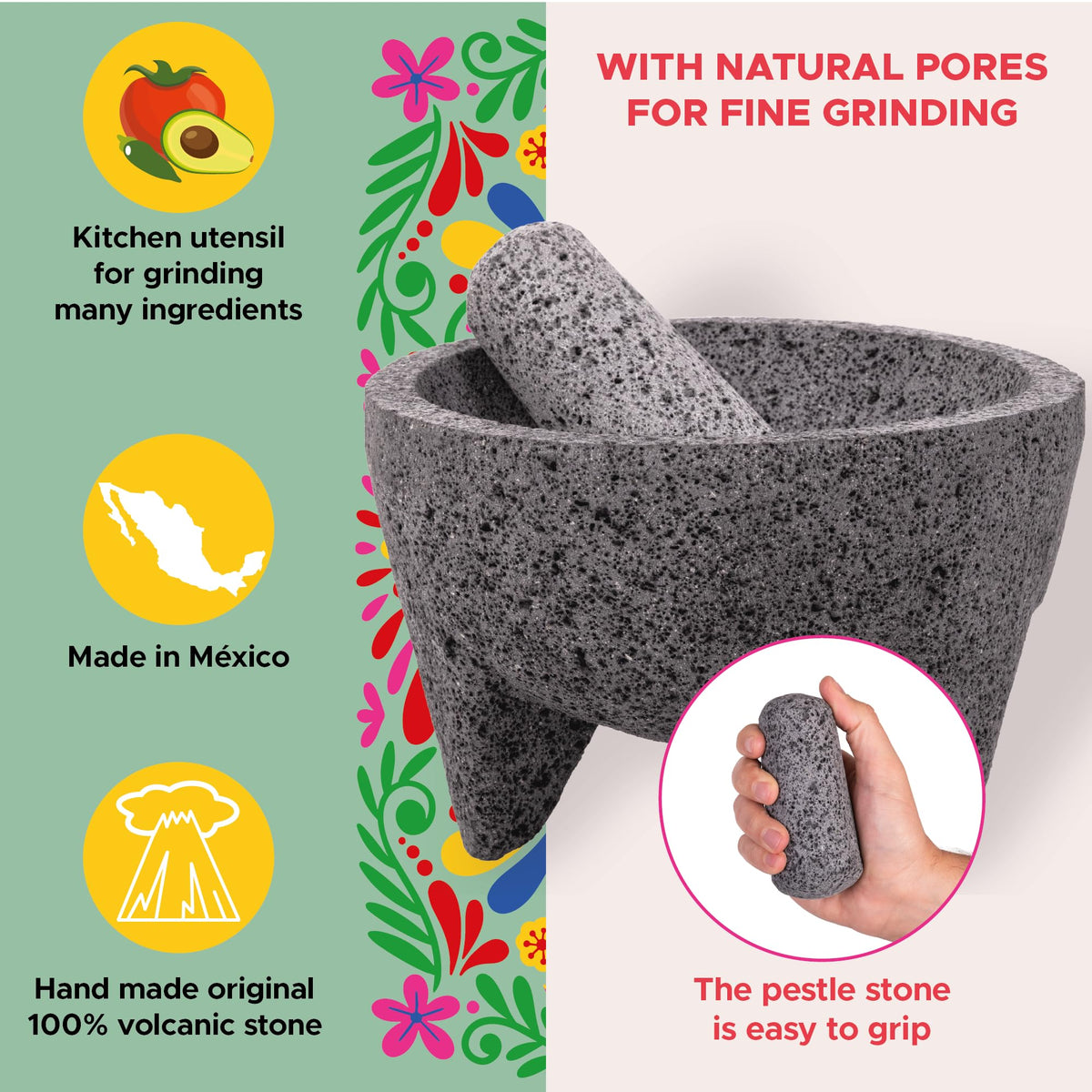 Molcajete 6 in Mexican, Handmade with Natural Volcanic Stone, Artisanal Kitchen Utensil for Grinding with Pores for Crushing, Specially Designed for Grinding Spices, Sauces, and Guacamole