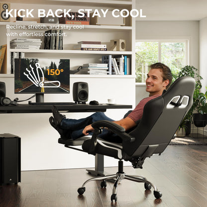 Ergonomic Gaming Chair with Footrest, Heavy Duty 330lbs Office Chair, Massage Lumbar Support, Adjustable Height & Headrest Pillow, Comfortable for Back Pain Relief, Streaming, Long Gaming, White