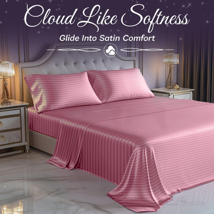 SLEEP SANCTUARY Satin Sheets King Size – 4 Piece Luxury Silky Bed Set, Softer Than Silk, 15" Deep Pocket, Cooling & Wrinkle-Free, Moisture-Wicking & Breathable for Hair & Skin (Striped Pink)