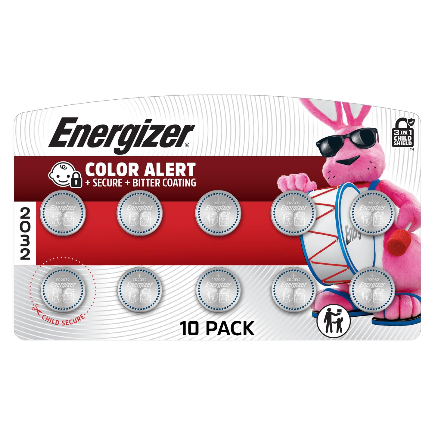 Energizer 2032 Batteries (10 Pack), 3V Lithium Coin Batteries with 3-in-1 Child Shield