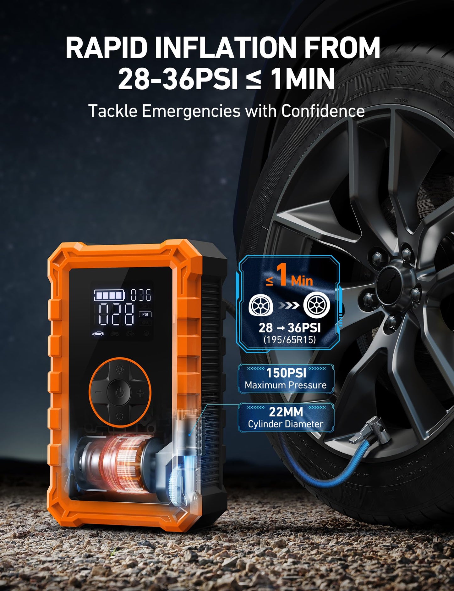 AstroAI S8 Air Jump Starter with Air Compressor, 1500A Car Battery Jumper Starter Portable (6.0 Gas/3.0L Diesel) with 150PSI Cordless Auto-Shutoff Tire Inflator, 12V Battery Charger Booster(Orange)