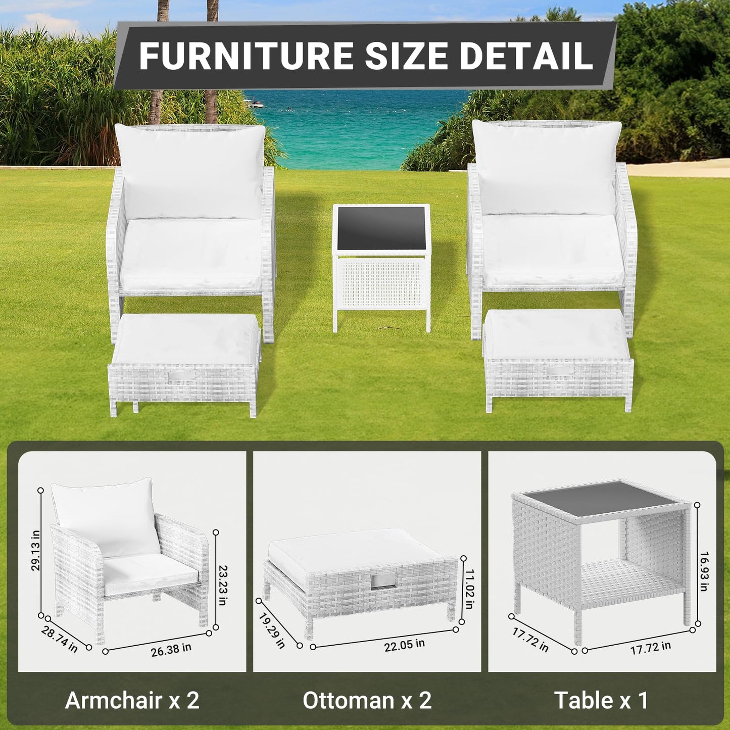 LEVELEVE Balcony Furniture 5 Piece Patio Conversation Set, PE Wicker Rattan Outdoor Lounge Chairs with Soft Cushions 2 Ottoman&Glass Table for Porch, Lawn-Grey Wicker