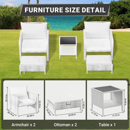 LEVELEVE Balcony Furniture 5 Piece Patio Conversation Set, PE Wicker Rattan Outdoor Lounge Chairs with Soft Cushions 2 Ottoman&Glass Table for Porch, Lawn-Grey Wicker