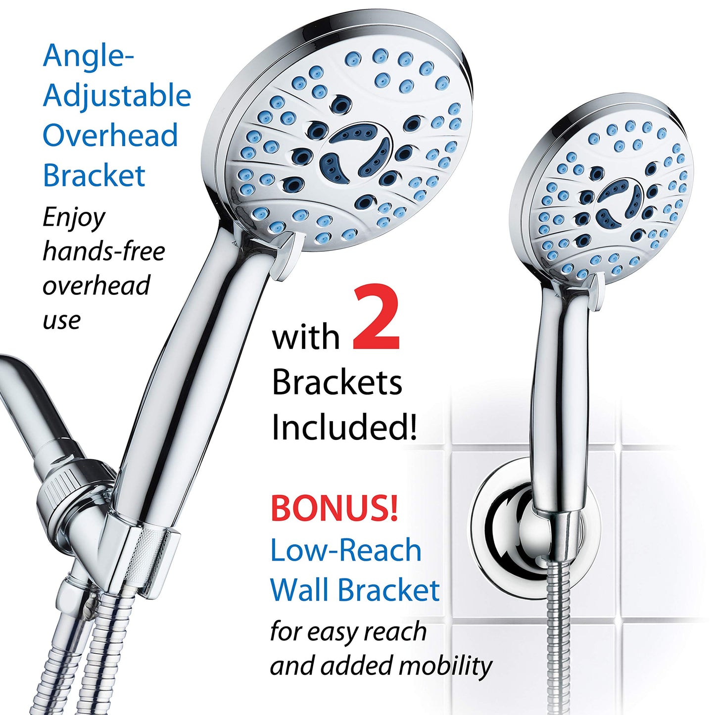 AquaCare High Pressure 8-mode Handheld Shower Head - Anti-clog Nozzles, Built-in Power Wash to Clean Tub, Tile & Pets, Extra Long 6 ft. Stainless Steel Hose, Wall & Overhead Brackets