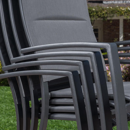 Hanover Naples 5-Piece Outdoor Dining Set with 38'' Rust Resistant Aluminum Square Dining Table and Grey Stackable Sling Chairs, Modern Space Saving All-Weather Patio Dining Set for 4