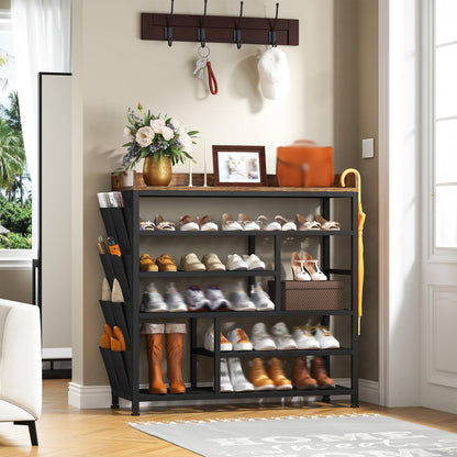 EnHomee Metal Shoe Rack for Entryway with Boots Storage for 22 Pairs Wood Shoes Rack Wooden Top and Side Pocket for Entry, Entrance, Hallway, Black