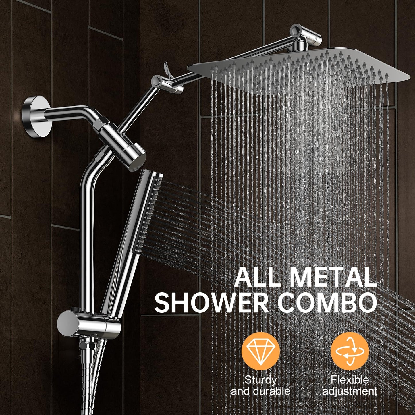Veken 10" Luxurious All Metal Rain Shower Head with Handheld Spray Combo, High Pressure Rainfall Square Shower Heads with Extention Arm, Wide Dual Showerhead, Bathroom Accessories, Chrome, Silver