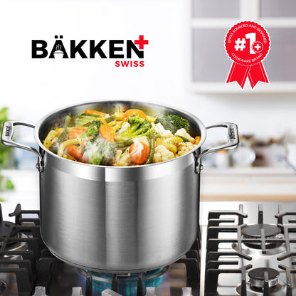 Stockpot – 5 Quart – Brushed Stainless Steel – Heavy Duty Induction Pot with Lid and Riveted Handles – For Soup, Seafood, Stock, Canning and for Catering for Large Groups and Events by BAKKEN