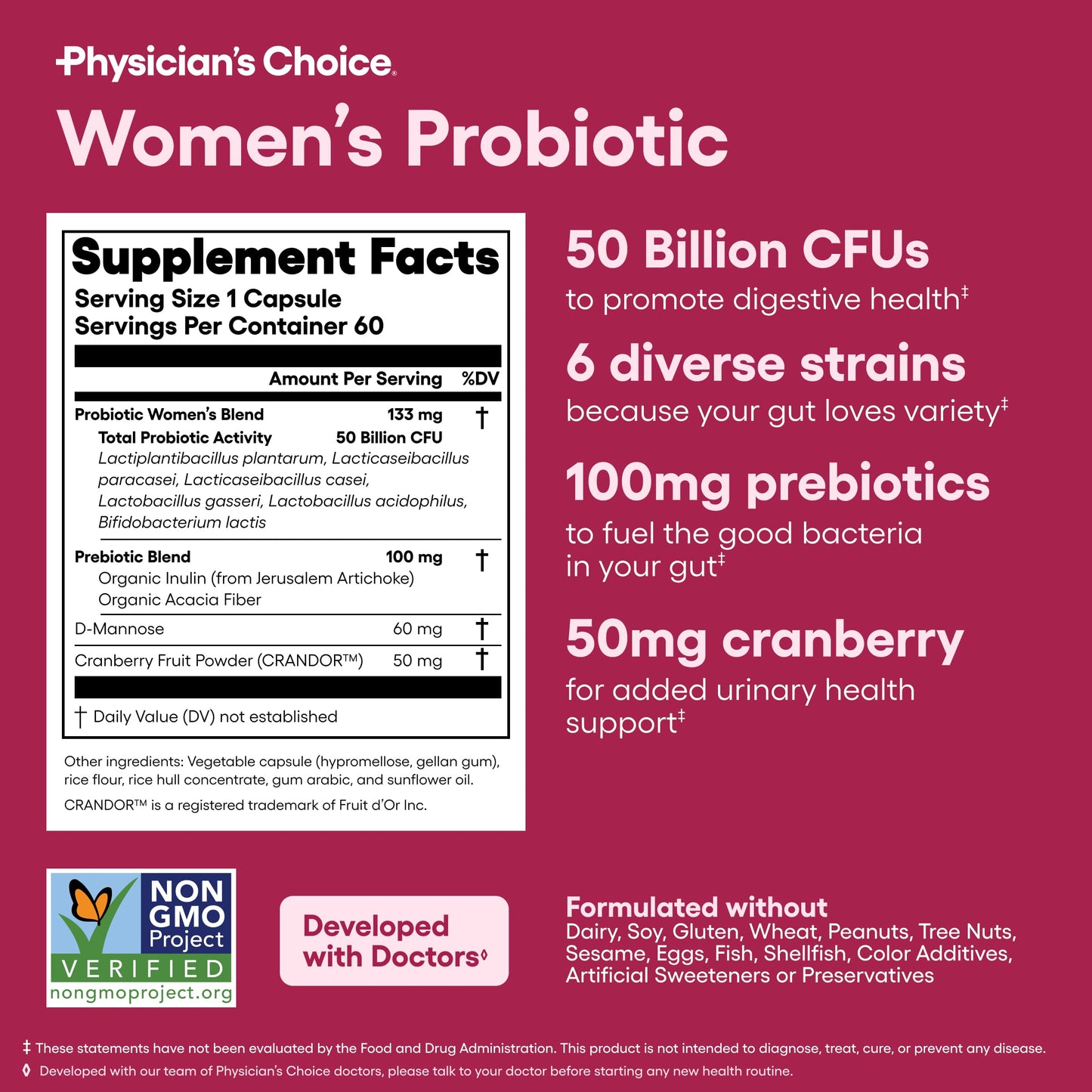 Physician's Choice Probiotics - PH Balance, Digestive, UT, & Feminine Health - 50 Billion CFU - 6 Unique Strains for Women - Organic Prebiotics, Cranberry Extract+ - Probiotic - 60 CT