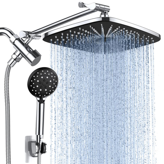 Veken 12 Inch High Pressure Rain Shower Head Combo with Extension Arm- Wide Rainfall Showerhead with 6 Handheld Water Spray - Adjustable Dual Showerhead with Anti-Clog Nozzles - Silver Chrome