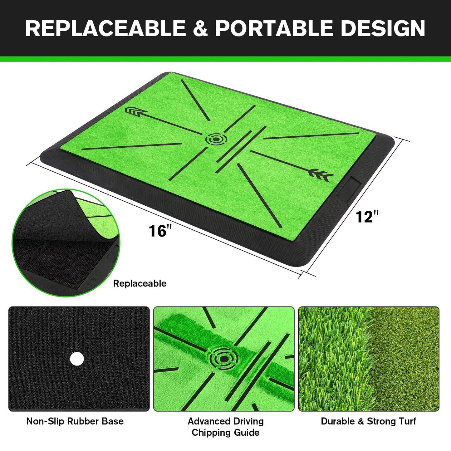 Golf Hitting Mat, Golf Mats Practice Outdoor Indoor for Swing Path Feedback Detection Batting, 16"x12" Artificial Dual Turf Golf Mat with Tees for Training, Driving, Chipping