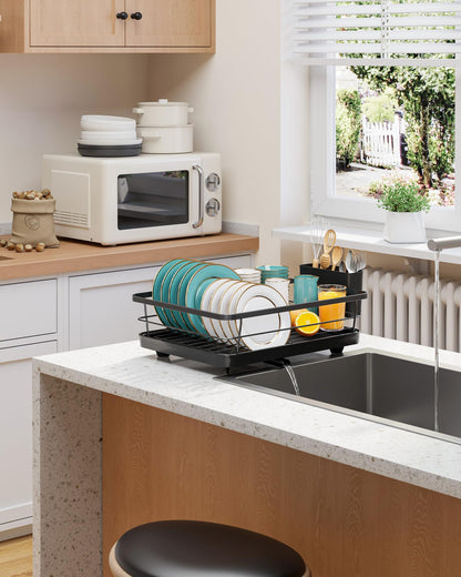 Sakugi Stainless Steel Dish Drying Rack for Kitchen Counter, Sink Organization and Storage Essentials with Silverware & Utensil Holder, Home and Apartment Decor, 12''W x 15.6''L, Black