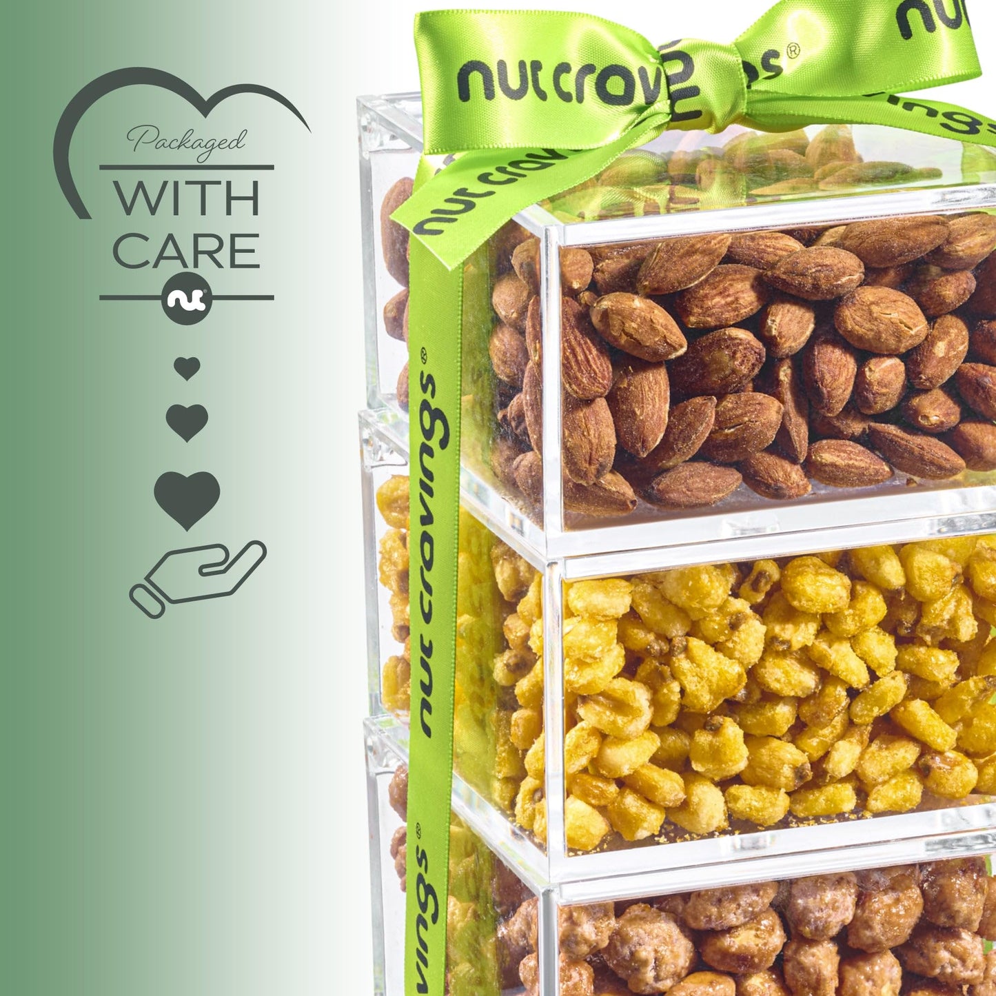 NUT CRAVINGS - Easter Mixed Nuts Acrylic Tower Gift Basket with Ribbon (3 Tier Assortment) Ramadan Gifts Treats for Adults, Food Arrangement, Healthy Snack Care Package, Kosher
