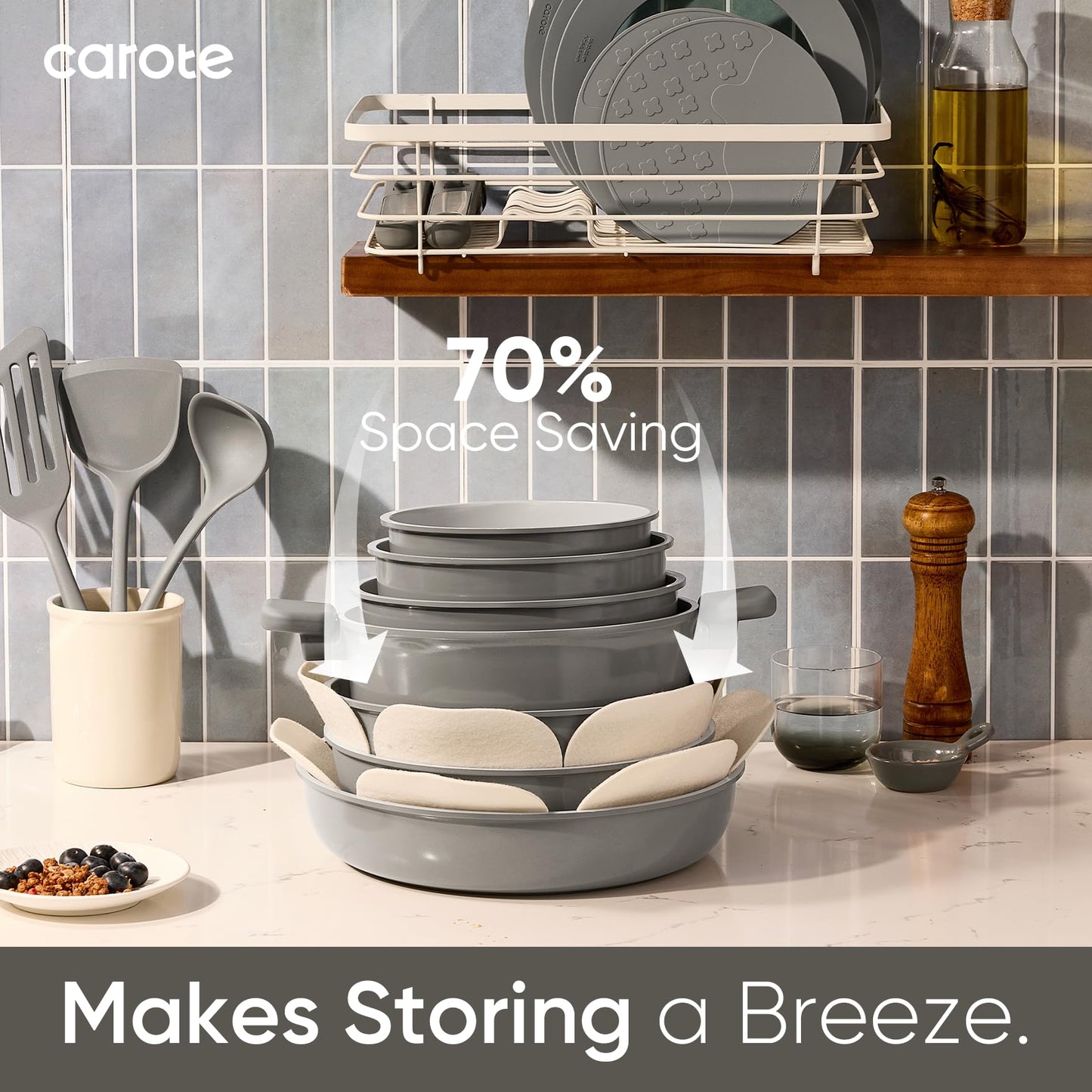 CAROTE 27pcs Ceramic Cookware Set Nonstick, Pots and Pans Set Non stick, Non Toxic Cookware, Dishwasher/Oven Safe, RV/Camping Cookware Set, Pan and Pot with Kitchen Utensils, Dark Gray