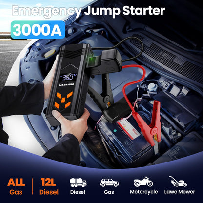Jump Starter with Air Compressor, 3000A Car Jumper Starter Battery Pack with 150PSI Tire Inflator, 12V Portable Jump Box for Car Charger Battery Booster with LCD Display (Up 9L Gas/8L Diesel Engine)