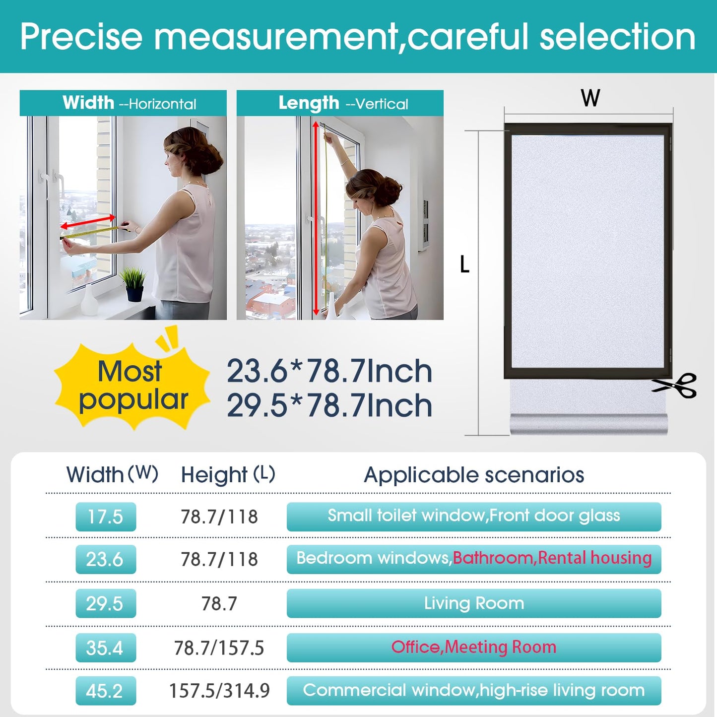 Coavas Window Privacy Film Frosted Glass Static Clings, Decorative Bathroom Door Privacy Film Day and Night, Heat UV Blocking Anti-Glare Frosting Stickers Renter Non-Adhesive, 23.6 x 78.7 Inch, Pure