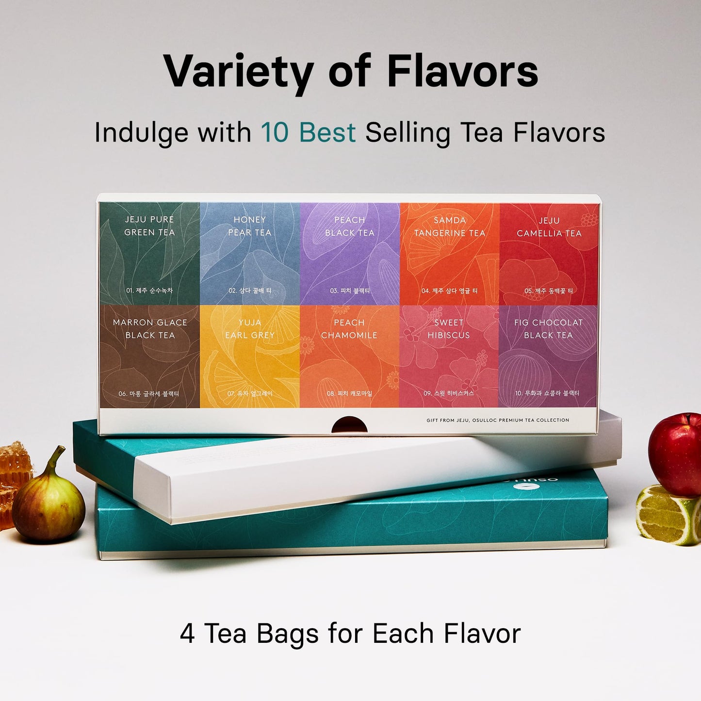 OSULLOC Premium Tea Collection (40 count, 10 flavors x 4 ea), Assorted Tea bag Sampler, Premium Organic Pure & Blended Self Care Gift Set box from Jeju for Tea lovers