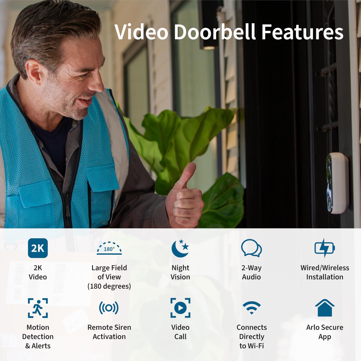 Arlo Video Doorbell 2K | 2nd Gen | Wire-Free/Wired Option, 2-Way Audio, Night Vision, Head to Toe Video View, Integrated Siren | Live Stream | Real Time Notifications |180 Deg Wide View, White