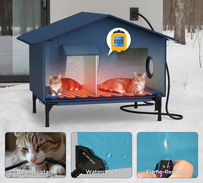 Extra-Wide Heated Cat House for Outdoor Use, Waterproof Insulated Shelter for Winter with Escape Exit, Spacious 23.5" × 21" × 16", Safe Heated Bed, Foldable, Connects to Feeding Station – Blue