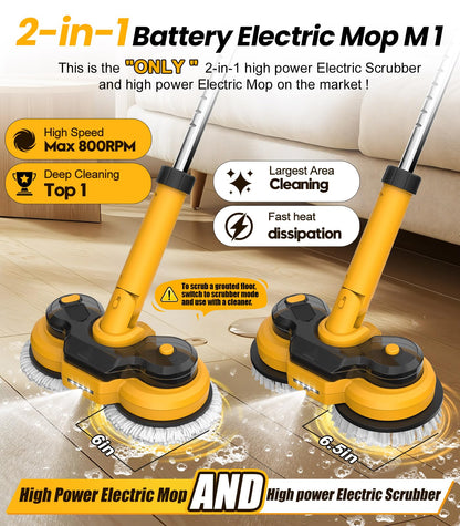 qimedo 6000mAh Battery Electric Mop M1, 800RPM Cordless Electric Power Scrubber & Mops for Floor Cleaning, Best Automatic Spin Mops with Smart Display,Rotating Mop with LED Light & Water Spray