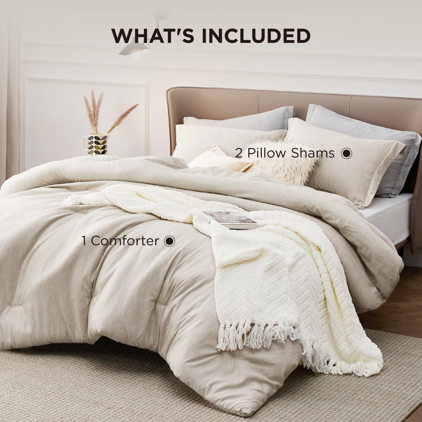 Bedsure King Size Comforter Set - Beige King Comforter Set, Soft Bedding for All Seasons, Cationic Dyed Bedding Set, 3 Pieces, 1 Comforter (104"x90") and 2 Pillow Shams (20"x36"+2")